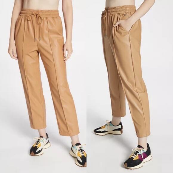 Calia Straight leg Faux Leather Pintuck Tan Pants - Picture 1 of 8
